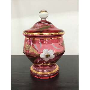 VINTAGE Cranberry Pink Candy Jar w Gold & White Floral Motif - 18 cm Tall 