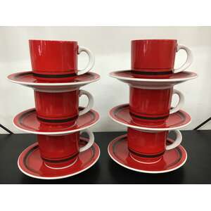 VINTAGE Gempo Japan Red Coffee Cups & Saucers x 6 