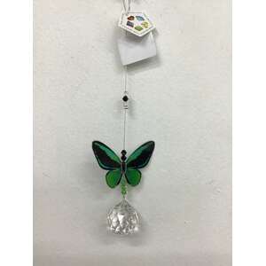 Hanging Crystal Suncatcher - Green Birdwing Butterfly w Sphere & Beads 