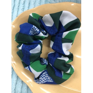 Retro Fabric Scrunchie - Blue Green Print - Hand Made - Suitable for BIG HAIR