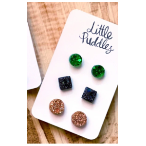 GlitterPOP Resin Stud Earrings - Little Puddles - Set of 3 - Green Black Gold