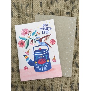 Best Mum Ever Greeting Card - Bird, Tea & Gum Flowers 