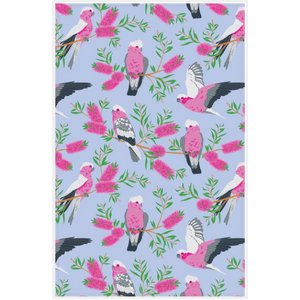 Pink & Grey Galah On Blue Cotton Kitchen Tea Towel