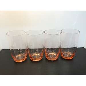VINTAGE Pink Bamboo Etched Drinking Glasses x 4 