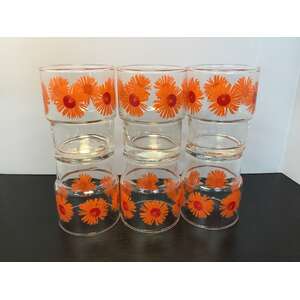 Sasaki Japan Orange Daisy Glass Tumblers | Set of 6 | Retro Floral Glassware