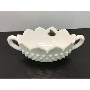 VINTAGE Fenton Milk Glass Double Handle Hobnail Dish 