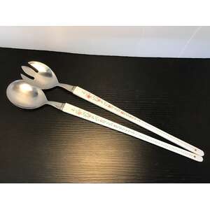 MIDCENTURY Stainless Steel Plastic Handle  Salad Servers | Rose Motif | Marked Foreign