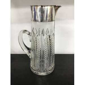 ANTIQUE Moulded Glass Pitcher Jug with Silver Plate Rim & Spout - 28.5 cm Tall 