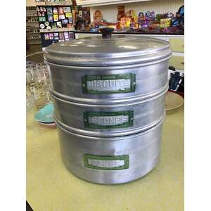 VINTAGE Model Maid 3 Tier Stacking Canister - Scones Biscuits Cakes - Aluminium w Bakelite Lid 