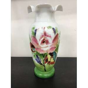 ANTIQUE Opaline Glass Vase - Hand Painted Floral w Ruffled Rim