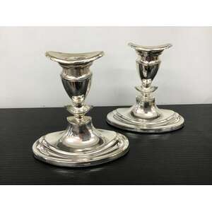 VINTAGE English Silver Plate Oval Base Candlestick Holder - Pair 