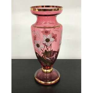 VINTAGE Cranberry Pink Vase with Gold & White Hand Painted Floral Motif - 21.5 cm Tall 