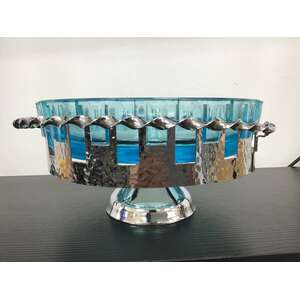 MCM Brutalist Electric Blue Glass Bowl in Hammered Chrome Surround 