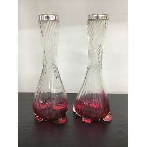 ANTIQUE Cranberry to Clear Glass Vases w Sterling Rims - Pair - 20.5 cm Tall