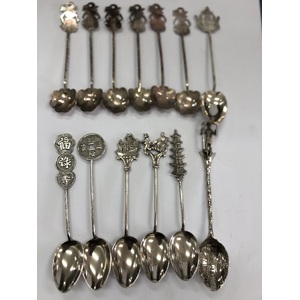 VINTAGE Asian Souvenir Spoons x 12 - 800 Silver Plus Plate Mix - Figural