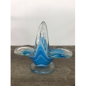 RETRO Art Glass Basket Vase - Split Handle - Blue