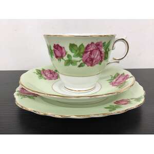 Colclough Bone China Tea Cup Trio - Green w Pink Roses 