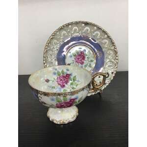 VINTAGE Japan Lustre Ware Pedestal Tea Cup & Reticulated Saucer - Purple Rose