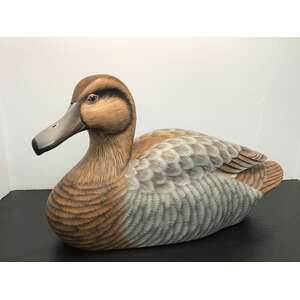 VINTAGE Wooden Hand Painted Duck Decoy Ornament | Glass Eyes | Signed 