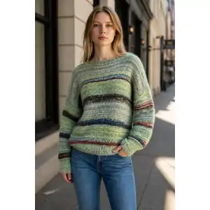 Charlotte The Label Sage Green Multicolour Stripe Knit Jumper | S/M