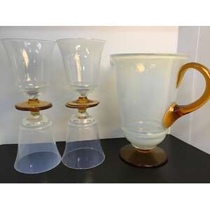UNUSUAL Vintage Opaline & Amber Glass Jug & Cup Set | 5 Piece