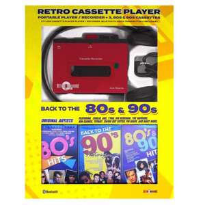 RETRO Red Cassette Player Set | 3 x 80's & 90's Tapes | w Bluetooth & USB Charging