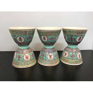 Vintage Jingdezhen Mun Shou Turquoise Chinese Tea Cups Set of 6