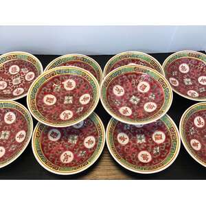 VINTAGE Chinese Jingdezhen Mun Shou Longevity Dipping Bowls x 10 | Famille Rose