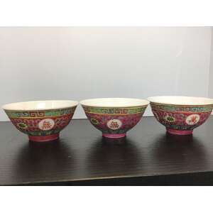 Vintage Chinese Jingdezhen Mun Shou Longevity Dipping Bowls x 3 | Famille Rose