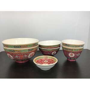 Jingdezhen Mun Shou Bowls | Mixed Lot of 7 | Famille Rose