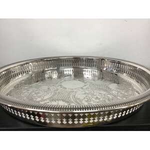 VINTAGE Round Silver Plate Tray - Pierced Gallery Edge - Etched - 31 cm Diameter 