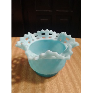 FENTON Blue Satin Glass Bowl - Basket Weave Reticulated Open Edge