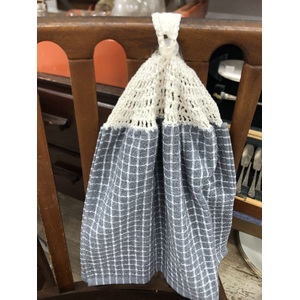 White & Grey Check Crochet Top Hanging Hand Towel - Double Terry - Handmade