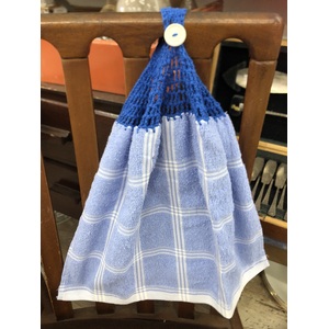 Blue Crochet Check Top Hanging Hand Towel - Double Terry Towel - Handmade