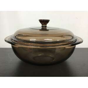 VINTAGE Pyrex Corning Round Brown Glass Casserole Dish w Lid 1.5 L