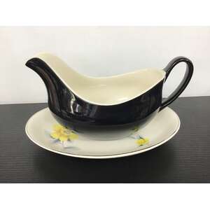VINTAGE Johnson Bros Gravy Boat & Underplate - Black w Yellow Flower 