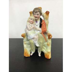 ANTIQUE Man & Child On Chair Porcelain Ornament - 13.8 cm Tall