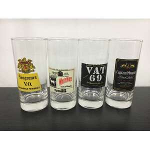 VINTAGE Whiskey Rum Advertising Glasses - Lot of 4 - White Horse Morgans Seagrams VAT 69