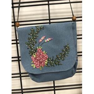 Shoulder Satchel Bag w Ribbon Embroidery - Handmade - Blue Lavender