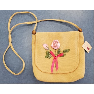 Shoulder Satchel Bag w Ribbon Embroidery - Handmade - Pink Roses