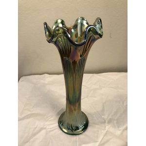 VINTAGE Green Carnival Glass Swung Vase - Diamond & Rib  11 Inches 