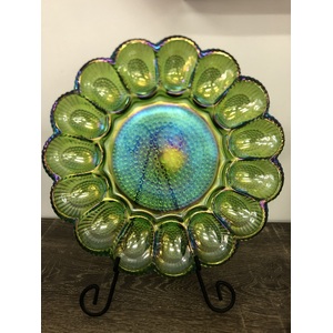 VINTAGE Carnival Glass Egg Dish - Iridescent Green - Indiana Glass