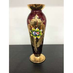 VINTAGE Italian Red Glass Vase w Enamelled Flower & Gold Trim - 19 cm Tall
