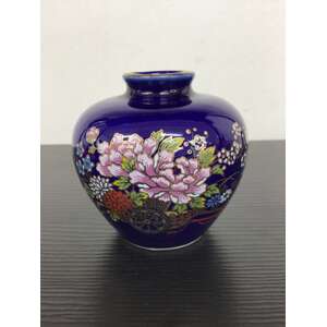 Cobalt Blue Miniature Vase w Floral Motif - Made in Japan - 6.5 cm Tall 