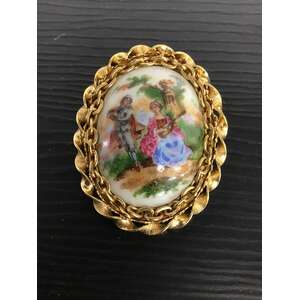 Vintage Painted Ceramic Brooch - Victorian Couple - Gold Frame