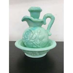 VINTAGE Avon Slag Glass Pitcher w Stopper & Bowl  - Green