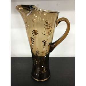 VINTAGE Smoked Brown Glass Jug or Pitcher - Hand Blown and Painted 