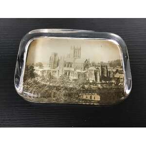 ANTIQUE Souvenir Picture Paperweight - Wells Cathedral England - Sepia 