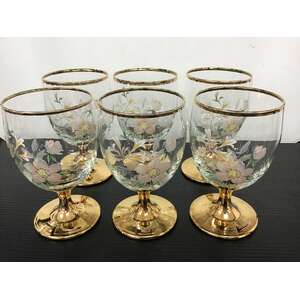 VINTAGE Stemmed Glasses w Floral Motif - Set of 6