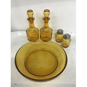 Retro Bormioli Italy Salt & Pepper Vinegar 5 Piece Set - Amber Glass 